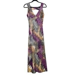 Y2K sleeveless babydoll maxi dress multi-color abstract print V-neckline Studded